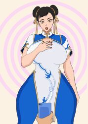  black_hair breasts brown_eyes china_dress chun-li clothed dress earrings empty_eyes eyelashes female_only femsub hair_buns hair_ribbon hypnotic_accessory hypnotic_screen jewelry large_breasts lipstick maledom nail_polish open_mouth pan_rena phone ribbon simple_background solo spiral street_fighter tech_control yellow_background 