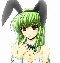  breasts bunny_ears bunny_girl bunnysuit c.c. code_geass cuffs empty_eyes fake_animal_ears female_only femsub green_hair large_breasts looking_at_viewer manip sol420_(manipper) solo 