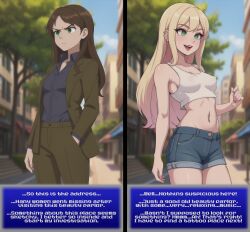  ai_art before_and_after bimbofication blonde_hair brown_hair crop_top erect_nipples_under_clothes femsub fungip_(generator) green_eyes jean_shorts lipstick sequence small_breasts text transformation unaware 