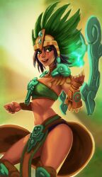 alternate_costume animated animated_gif aura bare_legs bikini_armor black_hair breasts dark_skin earrings female_only femdom floating glowing glowing_eyes goddess green_eyes hat hourglass_figure hypnotic_magic jaaysiin_(manipper) jewelry karma_(league_of_legends) large_breasts league_of_legends looking_at_viewer magic manip midriff navel open_mouth pov pov_sub raichiyo33 short_hair smile solo thick_thighs thighs