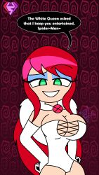  bare_shoulders cleavage cosplay emma_frost empty_eyes english_text eyebrows_visible_through_hair eyeshadow green_eyes hand_on_hip hypnoscream hypnotized_dom large_breasts leotard looking_at_viewer marvel_comics mary_jane_watson opera_gloves pov_sub red_background red_hair seductive_smile shiny_hair speech_bubble spider-man_(series) spiral_background text watermark wide_hips x-men 