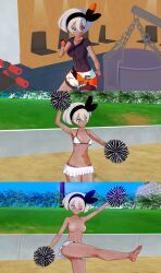  3d bea_(pokemon) before_and_after cheerleader dark_skin djiwedmewj empty_eyes grey_hair happy_trance large_breasts muscle_girl nintendo nipples pokemon short_hair 