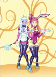 alternate_costume bow bow_tie breasts bunny_ears bunny_girl bunnysuit cleavage cuffs empty_eyes equestria_girls feather_duster female_only femsub glass glasses high_heels latex leotard long_hair maid maid_headdress my_little_pony open_mouth pink_eyes pink_hair rosvo sour_sweet standing sugarcoat thigh_boots thighhighs tied_hair tray twintails white_hair