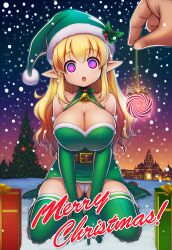 ai_art bell belt blonde_hair bow cameltoe candy christmas christmas_tree elf elf_ears english_text femsub gift gloves hellsing002_(generator) huge_breasts kneeling long_hair maledom mistletoe panties pendulum pov purple_eyes santa_hat snow spiral thigh_boots unusual_pupils