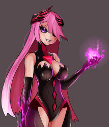 alternate_costume aura bapitstar2004 bare_shoulders black_lipstick black_sclera blazblue breasts brynhildr_(fate) cleavage corruption crossover evil_smile eye_color_change fate/prototype fate_(series) female_only femdom femsub glowing grey_background hair_color_change hair_covering_one_eye happy_trance konoe_a_mercury lipstick looking_at_viewer magic pink_hair possession purple_eyes simple_background valkyrie_(fate) very_long_hair