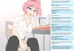 ambiguous_pov blue_eyes blush breasts caption cleavage crystal_(zko) female_only femsub humor large_breasts masturbation open_mouth orgasm_denial original pink_hair ponytail pov pov_dom school_uniform see-through solo sweat text user_interface zko