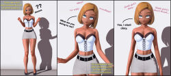  3d absurdres bare_legs before_and_after blonde_hair blue_eyes cleavage corset dialogue empty_eyes eye_roll eyeshadow female_only femsub heavy_eyelids high_heels koikatsu_sunshine! maledom mantra midriff open_mouth short_hair short_skirt skirt smile standing standing_at_attention tagme text xanamind 