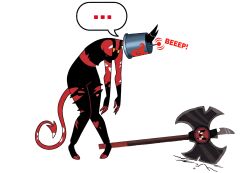 axe bucket_helmet demon_girl femsub glamrockmangle12 helluva_boss millie_(helluva_boss) red_skin tail text