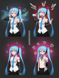  4headboiii before_and_after blue_hair comic female_only femsub happy_trance headphones heart hypnotic_audio hypnotic_music long_hair miku_hatsune undressing vocaloid 
