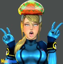  3d ahegao alien blonde_hair blue_eyes blush bodysuit brain_injection breasts cuffs double_v drool empty_eyes eye_roll female_only femsub grey_background long_hair metroid metroid_(series) mole moxamus nintendo open_mouth parasite ponytail samus_aran signature simple_background solo tongue tongue_out transparent_background v watermark zero_suit 