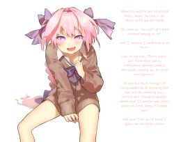 androgynous astolfo_(fate/grand_order) blush bottomless caption fate/grand_order fate_(series) femboy glowing glowing_eyes hair_ornament hypnofyre_(manipper) hypnotic_eyes long_hair maledom manip open_mouth pink_eyes pink_hair ponytail pov pov_sub shirt smile text thighs trap zeroc0