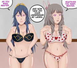 blue_hair bra breasts brown_hair drool female_only fire_emblem fire_emblem_awakening hinata-hime large_breasts long_hair lucina nintendo princess sumia text underwear