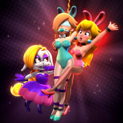  arms_above_head ball_gag blindfold blonde_hair blush bondage bow_tie breast_grab buck_teeth bunny_ears bunny_girl bunnysuit chains choker cleavage clothed collar dress earrings enemy_conversion eyeshadow fake_animal_ears female_only femdom femsub finger_to_mouth fishnets gag gloves grey_skin groping hair_covering_one_eye hariet_(mario) high_heels large_breasts light_skin long_hair multiple_girls multiple_subs nintendo onmodel3d pantyhose princess_peach princess_rosalina red_eyes smile sparkle super_mario_bros. very_long_hair 
