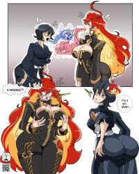  ahoge alternate_color_scheme alternate_form ass ass_focus black_hair bleach blonde_hair blush body_swap breasts comic crossover dazed dialogue english_text female_only femsub genshin_impact large_ass large_breasts long_hair mavuika_(genshin_impact) multicolored_hair onatart orange_hair possession rukia_kuchiki speech_bubble surprised sweat symbol text thought_bubble very_long_hair 