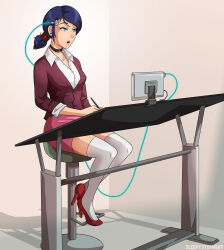  blue_eyes blue_hair brain_injection business_suit cables collar drool expressionless femsub high_heels marinette_dupain-cheng miraculous_ladybug sleepystephbot story tech_control thighhighs 