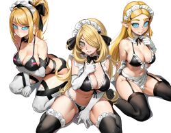 apron bikini blonde_hair bow_tie breasts breath_of_the_wild cleavage collarbone cynthia elf_ears expressionless female_only femsub garter_straps gloves hair_covering_one_eye happy_trance kneeling large_breasts lazgm long_hair looking_at_viewer maid maid_headdress metroid_(series) mole multiple_girls multiple_subs navel nintendo opera_gloves pokemon pokemon_diamond_pearl_and_platinum ponytail princess_zelda ribbon samus_aran simple_background smile spiral_eyes the_legend_of_zelda thighhighs very_long_hair white_background