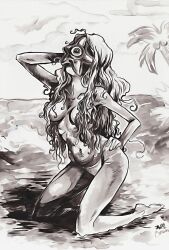 beach bikini_bottom breasts dc_comics femsub kneeling long_hair nekokempo parasite piercing sketch starro super_hero topless western