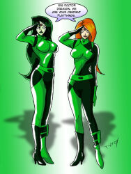 black_hair bodysuit dialogue disney empty_eyes expressionless femsub happy_trance hypnotic_accessory kim_possible kim_possible_(series) long_hair maledom microchip red_hair saluting shego shrunken_irises standing standing_at_attention tech_control text trishbot western