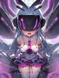  ai_art blue_hair blush cables cleavage drool female_only femsub gloves hair_ornament headphones high_heels koimin4_(generator) long_hair navel open_mouth opera_gloves pussy_juice skirt solo stable_diffusion_(ai) tears tech_control thighhighs tie tongue tongue_out visor 