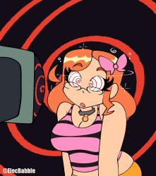  ahoge breasts bubble cleavage collar dazed elecbabble female_only femsub glasses hair_ornament hair_ribbon hypnotic_screen open_mouth orange_hair red_eyes signature simple_background solo sparkle spiral spiral_background spiral_eyes spiralwash_eyes tank_top 