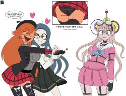 antenna ass ass_focus breasts closed_eyes clothed dangan_ronpa dangan_ronpa_v3 dez_a_sketch dezzy dialogue dress english_text expressionless female_only femdom femsub fingerless_gloves glasses gloves goggles goggles_on_head heart hug large_breasts miu_iruma one_eye_open orange_hair original panties remote_control simple_background skirt skye_(skyezscience) smile speech_bubble symbol tech_control text tsumugi_shirogane very_long_hair white_background yuri