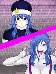  bangs before_and_after blue_hair corruption fairy_tail femsub green_skin heart_eyes juvia_loxar konnandakke large_breasts rock_of_succubus tongue_out 