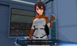 3d ahoge alien alternate_color_scheme bodysuit breasts custom_maid_3d_2 dialogue empty_eyes female_only femsub gloves grey_hair gun japanese_text open_mouth parasite ponytail purple_eyes solo swallow774 symbol_in_eyes translation_request uniform vaginal weapon 