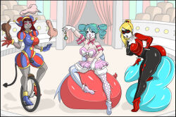 balloon blonde_hair blue_hair bodysuit claire_(sephirothkefka) clown clown_girl clownification cosplay costume crimson_(stepfordcrimson) daywalkerrl dc_comics dildo harley_quinn hat lilith_gremory_(lillygremory) original pocket_watch pomni spiral_eyes the_amazing_digital_circus