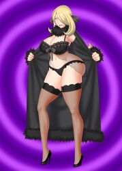  blonde_hair bluebullpen breasts cleavage coat cynthia female_only femsub hair_covering_one_eye happy_trance high_heels large_breasts lingerie long_hair navel nintendo open_mouth pokemon pokemon_diamond_pearl_and_platinum solo spiral_eyes symbol_in_eyes thighhighs underwear undressing 