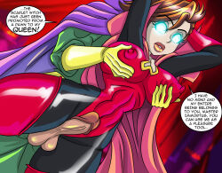 absurdres breasts brown_hair cape cleavage empty_eyes erect_nipples expressionless femsub glowing glowing_eyes large_breasts latex maledom marvel_comics penis short_hair super_hero text the_avengers wanda_maximoff zorro-zero