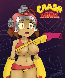  absurdres breast_press breasts crash_bandicoot_(series) drool expressionless femsub furry gameoverse helmet kit_bodega_(gameoverse) kronobas28 nipples open_mouth shirt_lift spiral_eyes 