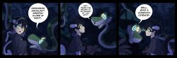  aurora_(orkart) black_hair blue_eyes coils comic disney english_text happy_trance hypnotic_eyes kaa kaa_eyes orca_girl original orkart smile snake spiral_eyes sweat text the_jungle_book white_hair 