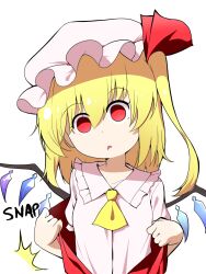  blonde_hair collarbone drool empty_eyes etlabsotwe expressionless female_only femsub finger_snap flandre_scarlet hat loli long_hair red_eyes ribbon shirt simple_background solo tagme touhou trigger undressing white_background wings 