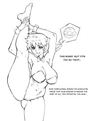  alternate_costume aware bare_legs breasts bunnysuit choker clothed cosplay costume cuffs danielct25_(tgpedia) dialogue english_text femsub greyscale happosai heterosexual large_breasts legs legs_up long_hair maledom ponytail posing possession ranma_1/2 ranma_saotome_(female) short_hair smile speech_bubble story text 