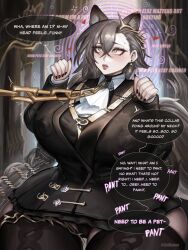  animal_ears arknights clothed collar crossed_eyes drool earrings grey_hair hair_ornament large_breasts large_lips long_hair long_nails mantra nail_polish open_mouth penance_(arknights) speech_bubble spiral_background text wolf_girl zelhypno 