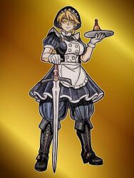  bell bell_(h.a.t) blonde_hair boots clothed color dress earrings empty_eyes femsub gloves h.a.t maid standing_at_attention strydinrebel sword traditional tray uniform yellow_eyes 