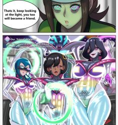 black_hair blue_hair bodysuit breasts crotch_tattoo dark_skin dazed emma_(pokemon) english_text eye_color_change femsub glowing_eyes green_eyes harmony heterochromia hex_maniac hypnotic_light large_breasts leotard lipstick mable_(pokemon) malamar malamar_outfit mega_malamar milf multiple_girls multiple_subs nintendo open_mouth pink_eyes pokemon pokemon_(creature) pokemon_legends_z-a ring_eyes romulproduce smile speech_bubble tattoo text thick_thighs thighs wide_hips