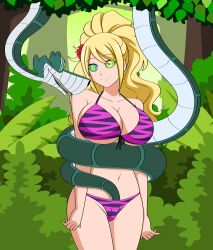  absurdres bikini blonde_hair breasts cleavage coils collarbone crotch_rub curvy disney earrings eyebrows_visible_through_hair fairy_tail femsub flower flower_in_hair hair_ornament happy_trance hypnotic_eyes jenny_realight jimryu jungle kaa kaa_eyes large_breasts long_hair navel smile snake standing tail tail_sex the_jungle_book 