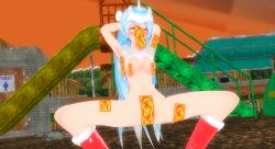  3d armpits arms_above_head blue_hair blush boots breasts clothed_exposure female_only femsub genderswap giantess green_eyes heart heart_eyes long_hair mmd navel original personification solo spread_legs squatting symbol_in_eyes talisman ultraman very_long_hair youknow 