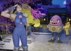  3d absurdres bandai_namco black_hair bodysuit bracers clock crash_bandicoot_(series) crashtrance crossover femsub fingerless_gloves gloves green_eyes happy_trance knee_pads maledom n._trance navel night outdoors pocket_watch ponytail saluting smile soul_calibur_(series) spiral spiral_eyes taki_(soul_calibur) tight_clothing trees 