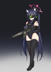  animal_ears barenaitoomotte black_hair blue_archive breasts cat_ears corruption enemy_conversion erect_nipples_under_clothes femsub gloves gun halo kaiser_corporation_(blue_archive) leotard long_hair serika_(blue_archive) tattoo thighhighs thighs twintails visor 