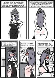  absurdres androgynous_sub ass blush brain_dead_retail_(series) comic confused dialogue english_text exhibitionism from_behind greyscale hypnotic_orb kilroylucy18 long_hair looking_at_viewer looking_back masturbation naked_apron nessi_(kilroylucy18) orgasm original pussy_juice smile symbol tagme tech_control text tongue tongue_out 