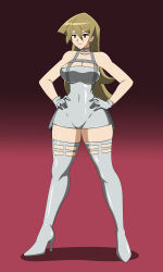  absurdres alexis_rhodes breasts brown_hair cleavage dlobo777 empty_eyes female_only femsub gloves gradient_background hand_on_hip happy_trance high_heels hourglass_figure large_breasts long_hair navel smile solo thigh_boots thigh_gap tight_clothing yu-gi-oh! yu-gi-oh!_gx 