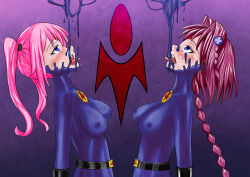  absurdres antimindjack bangs bare_shoulders belt blue_eyes blush bodysuit braid breasts collarbone crossover dinaranger empty_eyes erect_nipples_under_clothes face_paint female_only femsub hair_ornament hypnotic_accessory mea_kurosaki multiple_girls multiple_subs nana_asta_deviluke open_mouth pink_hair short_hair slime symbol tight_clothing to_love_ru tongue tongue_out twintails 