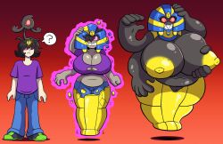  bbw before_and_after black_eyes bottomless breast_expansion breast_fondling breasts cofagrigus egyptian gradient_background hand_on_head huge_breasts hyper_breasts hypnotic_accessory jeans multiple_arms navel nintendo nipples pants pokemon pokemon_(creature) prinnydood pussy red_sclera sharp_teeth shirt simple_background smile sneakers solo tagme topless torn_clothes transformation transgender yamask 