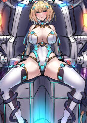 ahoge bare_shoulders before_and_after blonde_hair blue_eyes blush breasts bunny_suit_planning cleavage glowing hair_ornament high_heels huge_breasts kutan large_breasts leotard open_mouth restrained short_hair sitting sophia_f._schering spread_legs sweat thigh_boots thighhighs