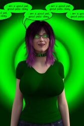3d collar dialogue female_only femsub gemna_(mezz+pokemongirl) glasses happy_trance jeans mantra original purple_hair solo tech_control text theheckle