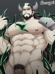  abs aura beard black_hair body_markings control_indicator corruption eye_color_change glowing_eyes grey_background hair_color_change horns large_penis league_of_legends looking_at_viewer male_only maledom malesub multicolored_hair muscle_boy mustache nude osuppai pale_skin penis possession pubic_hair ruination signature simple_background smile tryndamere_(league_of_league) viego_(league_of_legends) white_hair 