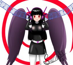 belt black_hair breasts character_request clothed female_only femsub gloves hand_on_head headphones heart hypnotic_music large_breasts music open_mouth original red_eyes solo spiral_background spiralwash_eyes surrisaki very_long_hair wings