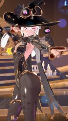 3d absurdres alternate_costume androgynous_dom breasts candle corruption eye_color_change femsub flame floating genshin_impact hair_color_change hat koikatsu! kuromaru latex m.u.g.e.n. mona_(genshin_impact) pantyhose pink_eyes posed posing possession tagme taihou1944 thighs twintails white_hair